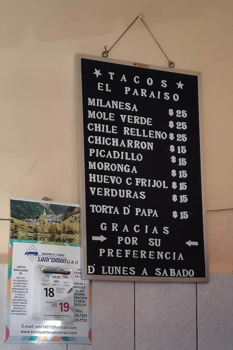 Tacos el paraiso en J. Meneses Menu Photo 4