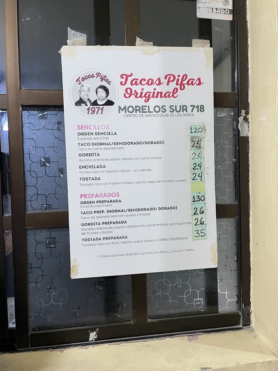 Tacos Pifas Original Menu