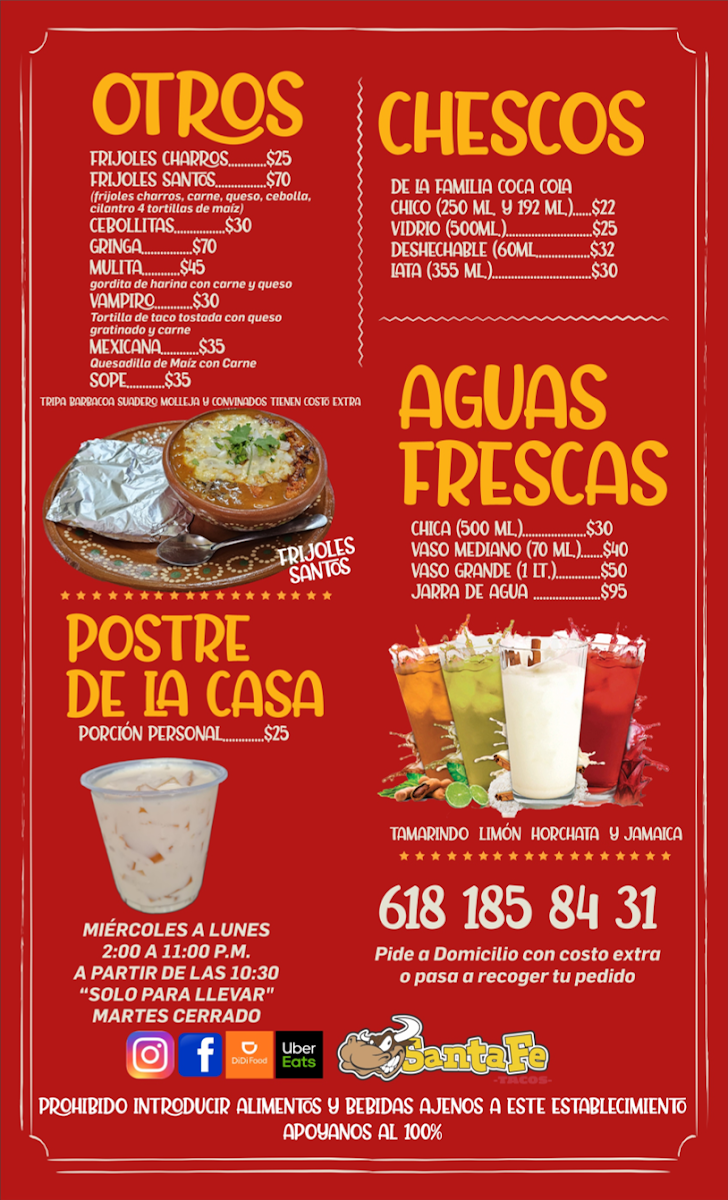 Tacos Santa Fe Menu