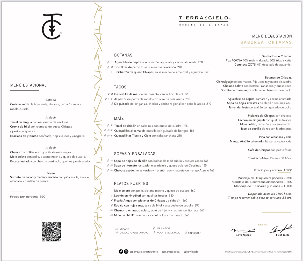 Tierra Y Cielo Restaurante Menu