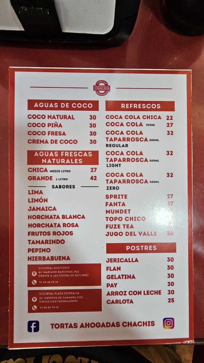 Tortas Ahogadas Chachis Auditorio Menu