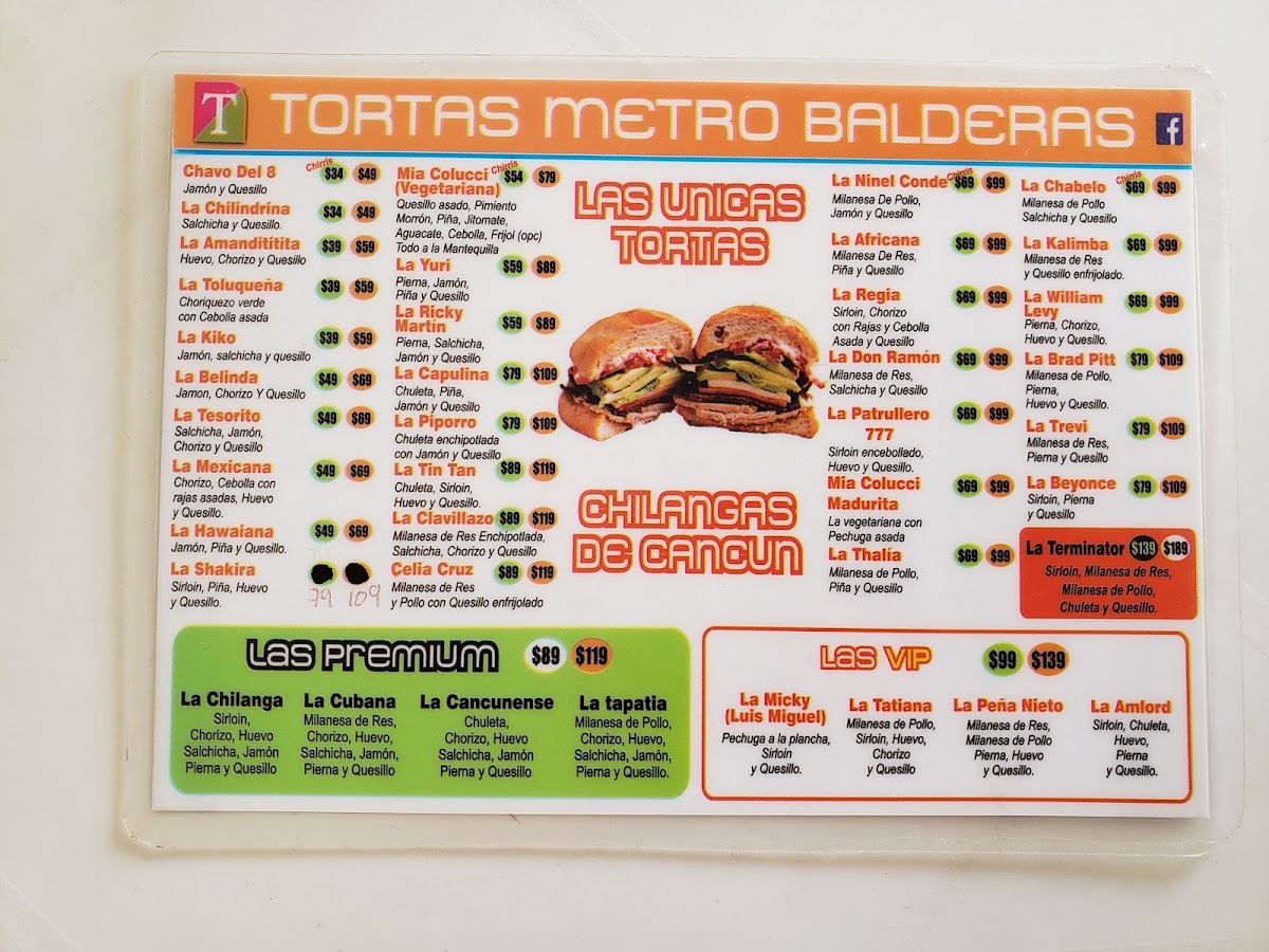 Tortas Metro Balderas Cancun Menu