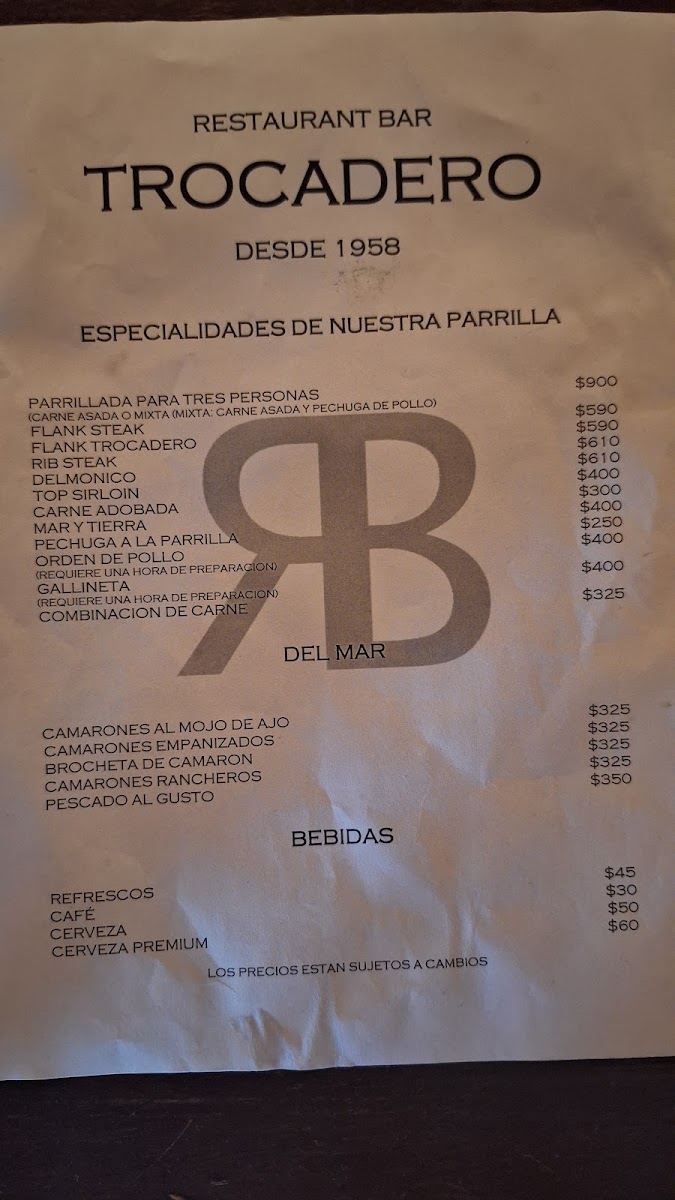 Trocadero Menu Photo 4
