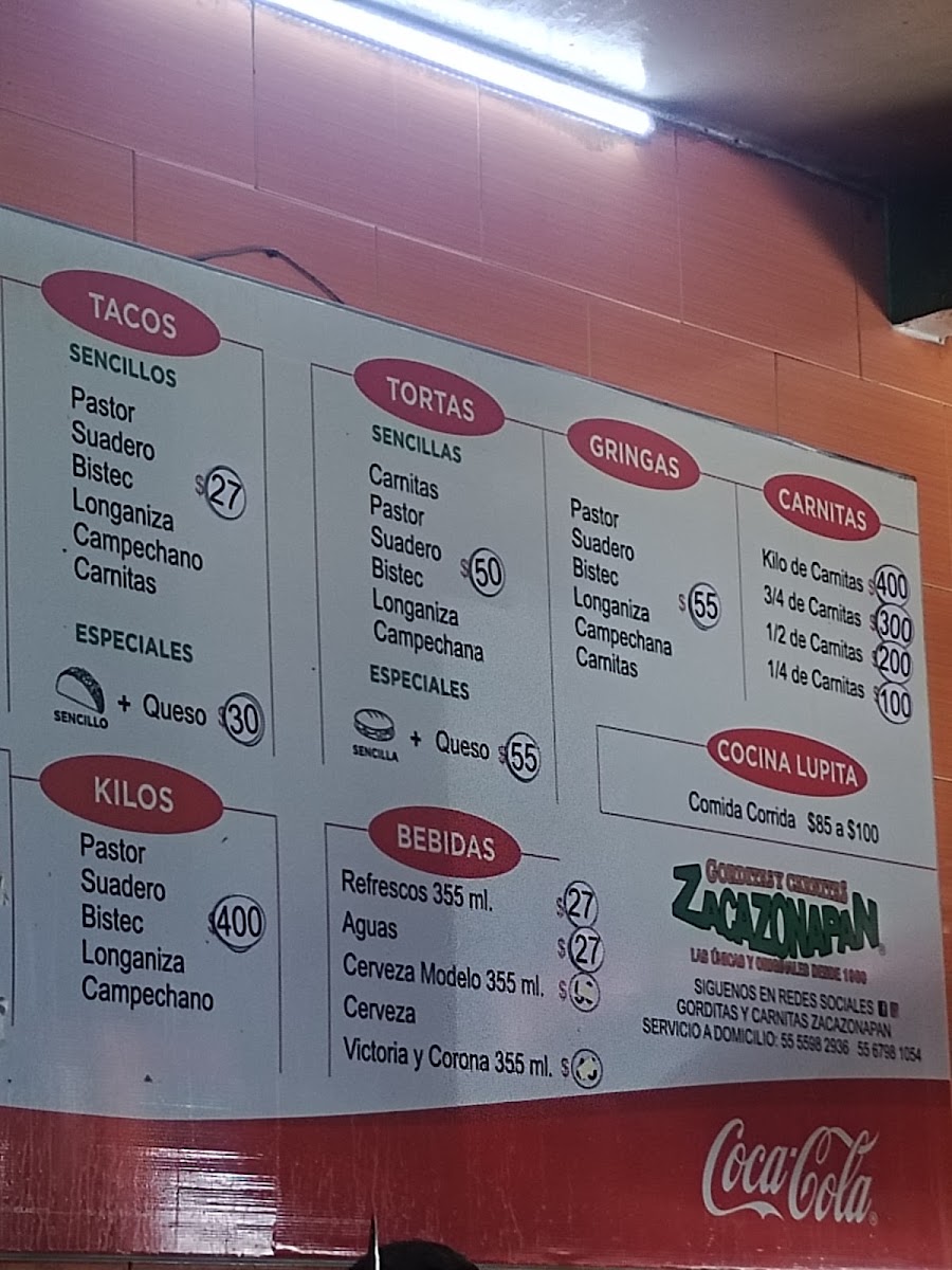 Zacazonapan Menu