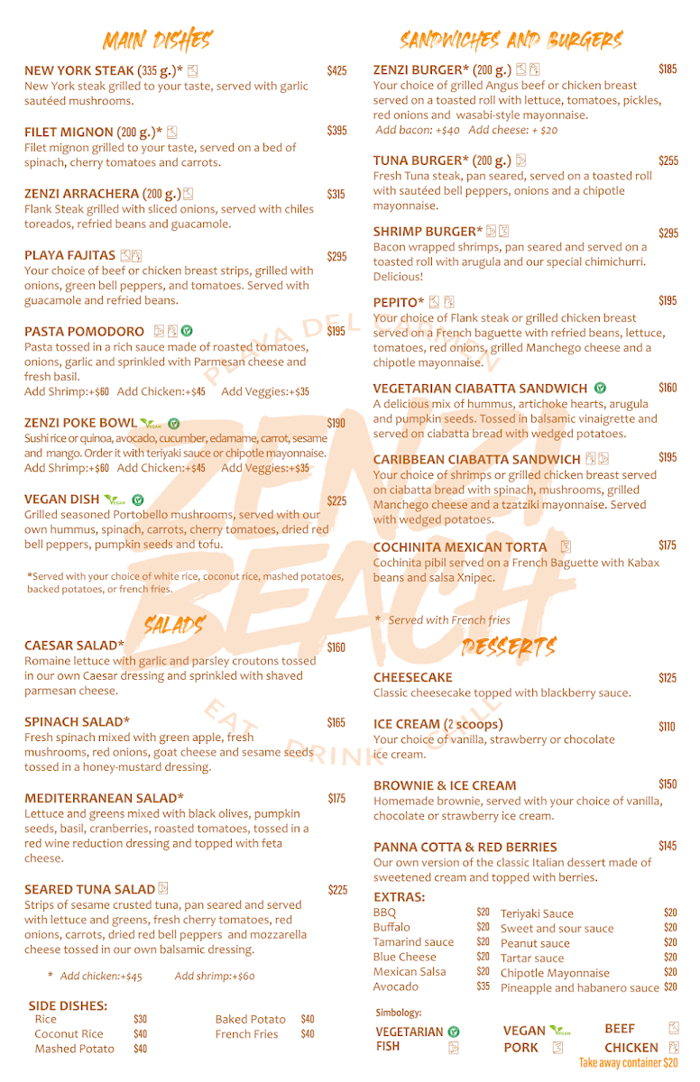 Zenzi Beach Menu